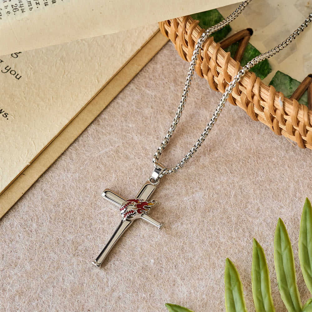 Collar de Cruz de Béisbol Filipenses 4:13 con Detalle de Llama: Fuerza Divina y Fe Atlética