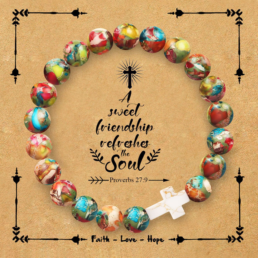 Pulsera de Cruz de Piedra Natural con Tarjeta Proverbios 27:9: Amistad y Gracia Divinas