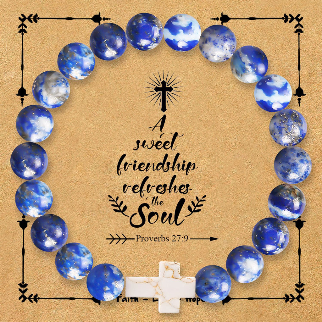 Pulsera de Cruz de Piedra Natural con Tarjeta Proverbios 27:9: Amistad y Gracia Divinas