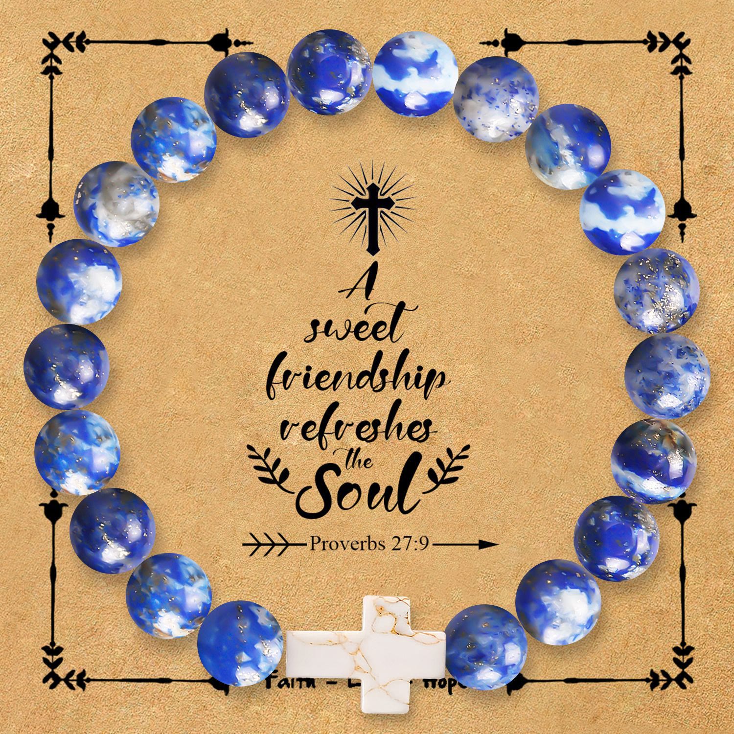 Pulsera de Cruz de Piedra Natural con Tarjeta Proverbios 27:9: Amistad y Gracia Divinas