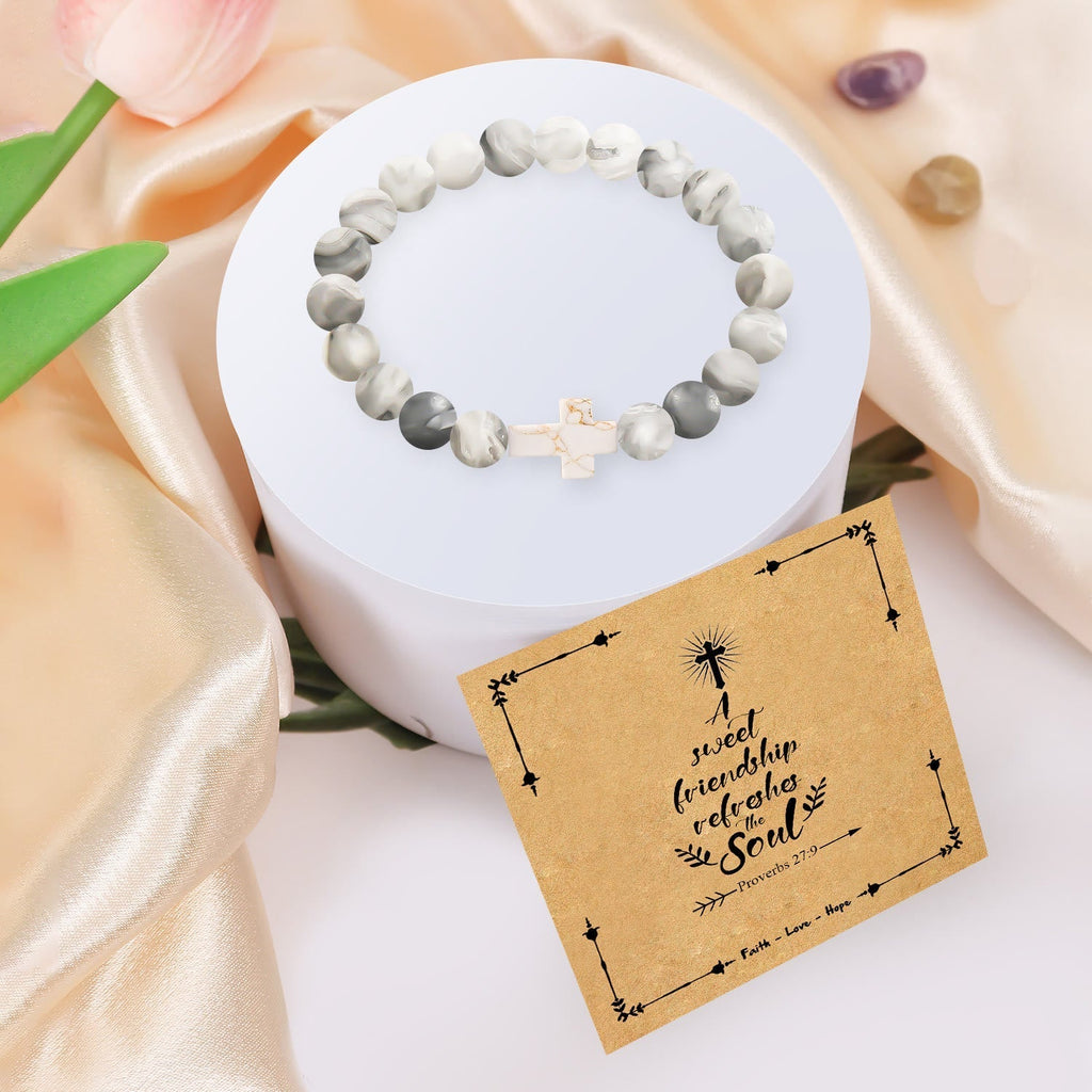 Pulsera de Cruz de Piedra Natural con Tarjeta Proverbios 27:9: Amistad y Gracia Divinas