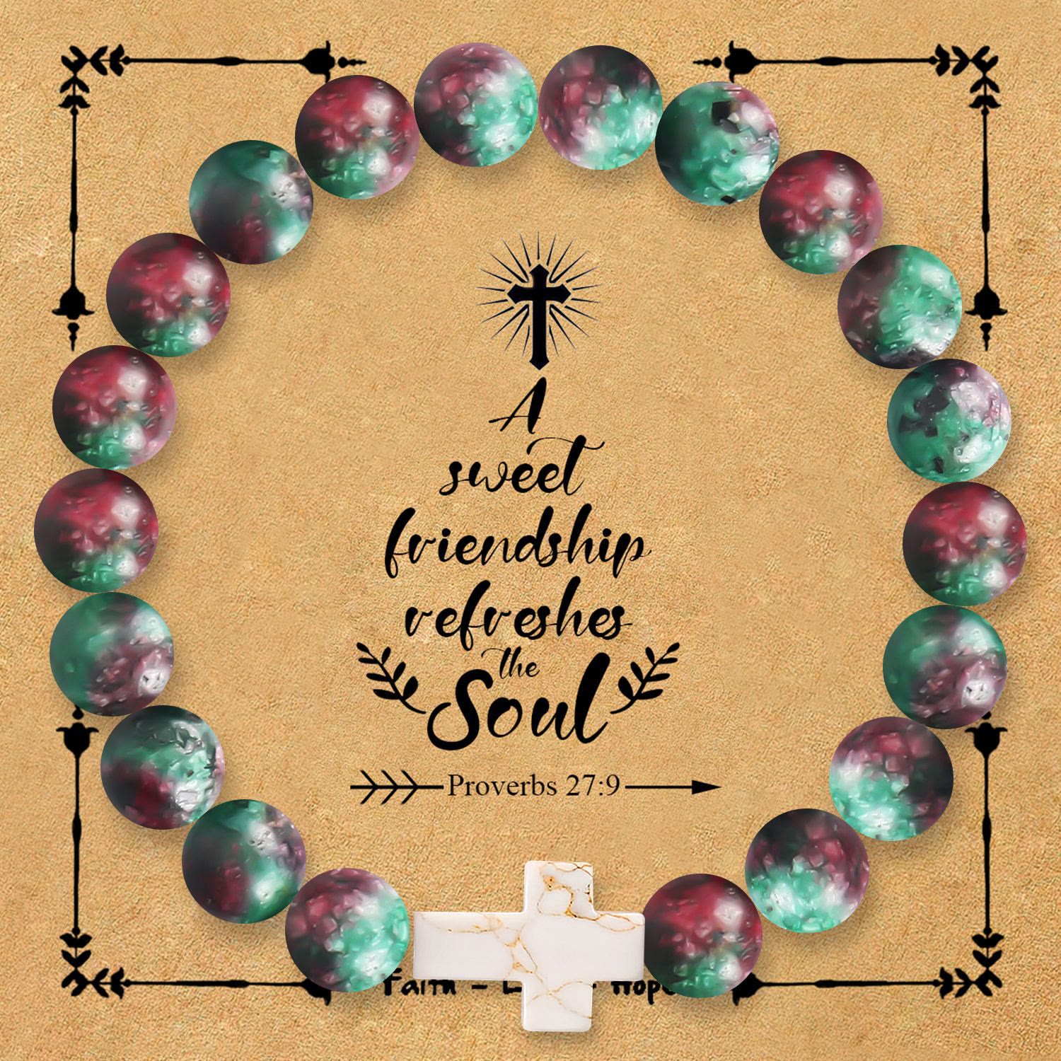 Pulsera de Cruz de Piedra Natural con Tarjeta Proverbios 27:9: Amistad y Gracia Divinas