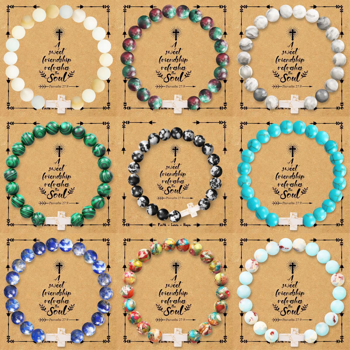 Pulsera de Cruz de Piedra Natural con Tarjeta Proverbios 27:9: Amistad y Gracia Divinas
