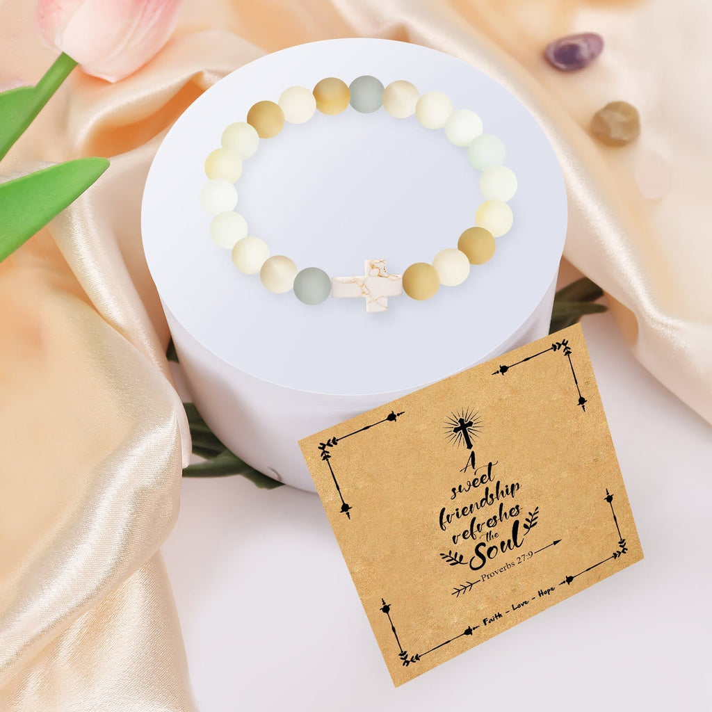 Pulsera de Cruz de Piedra Natural con Tarjeta Proverbios 27:9: Amistad y Gracia Divinas