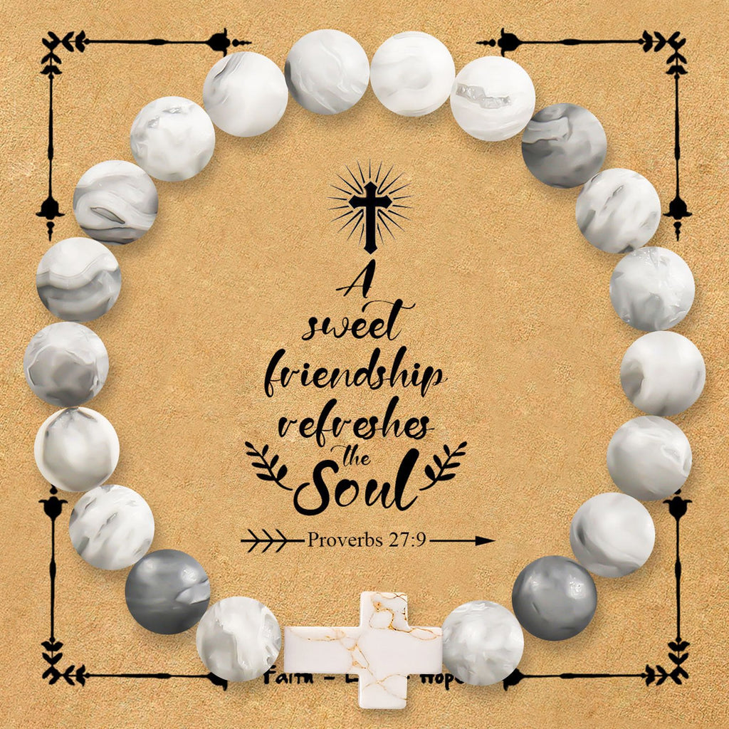 Pulsera de Cruz de Piedra Natural con Tarjeta Proverbios 27:9: Amistad y Gracia Divinas