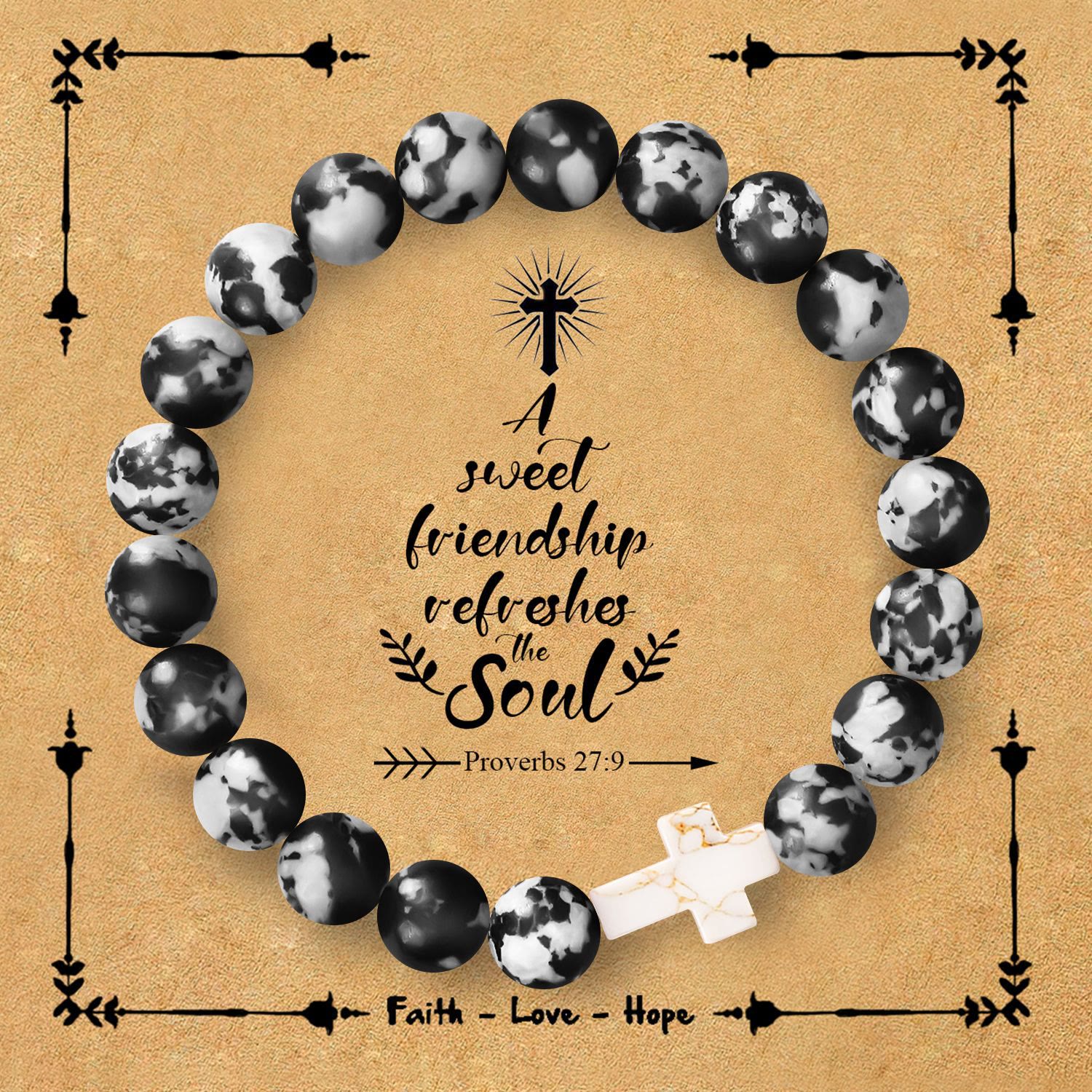 Pulsera de Cruz de Piedra Natural con Tarjeta Proverbios 27:9: Amistad y Gracia Divinas