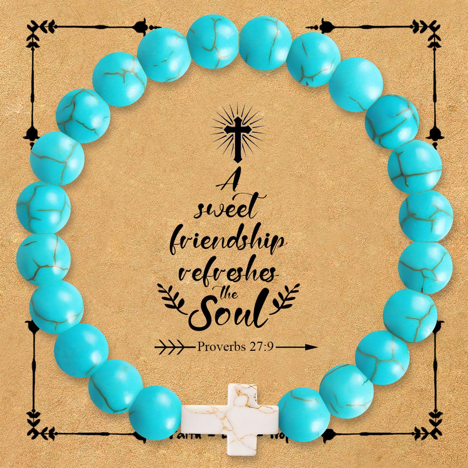 Pulsera de Cruz de Piedra Natural con Tarjeta Proverbios 27:9: Amistad y Gracia Divinas