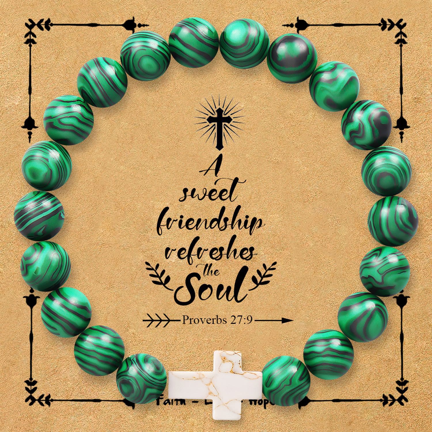Pulsera de Cruz de Piedra Natural con Tarjeta Proverbios 27:9: Amistad y Gracia Divinas