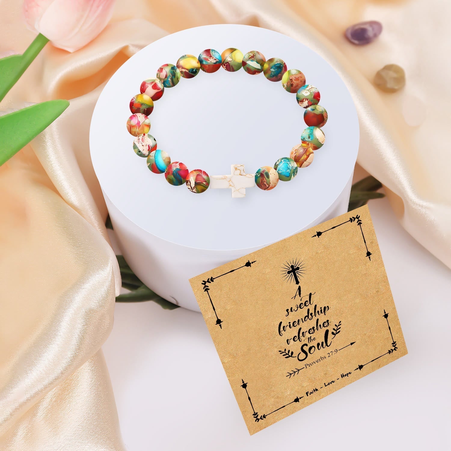 Pulsera de Cruz de Piedra Natural con Tarjeta Proverbios 27:9: Amistad y Gracia Divinas