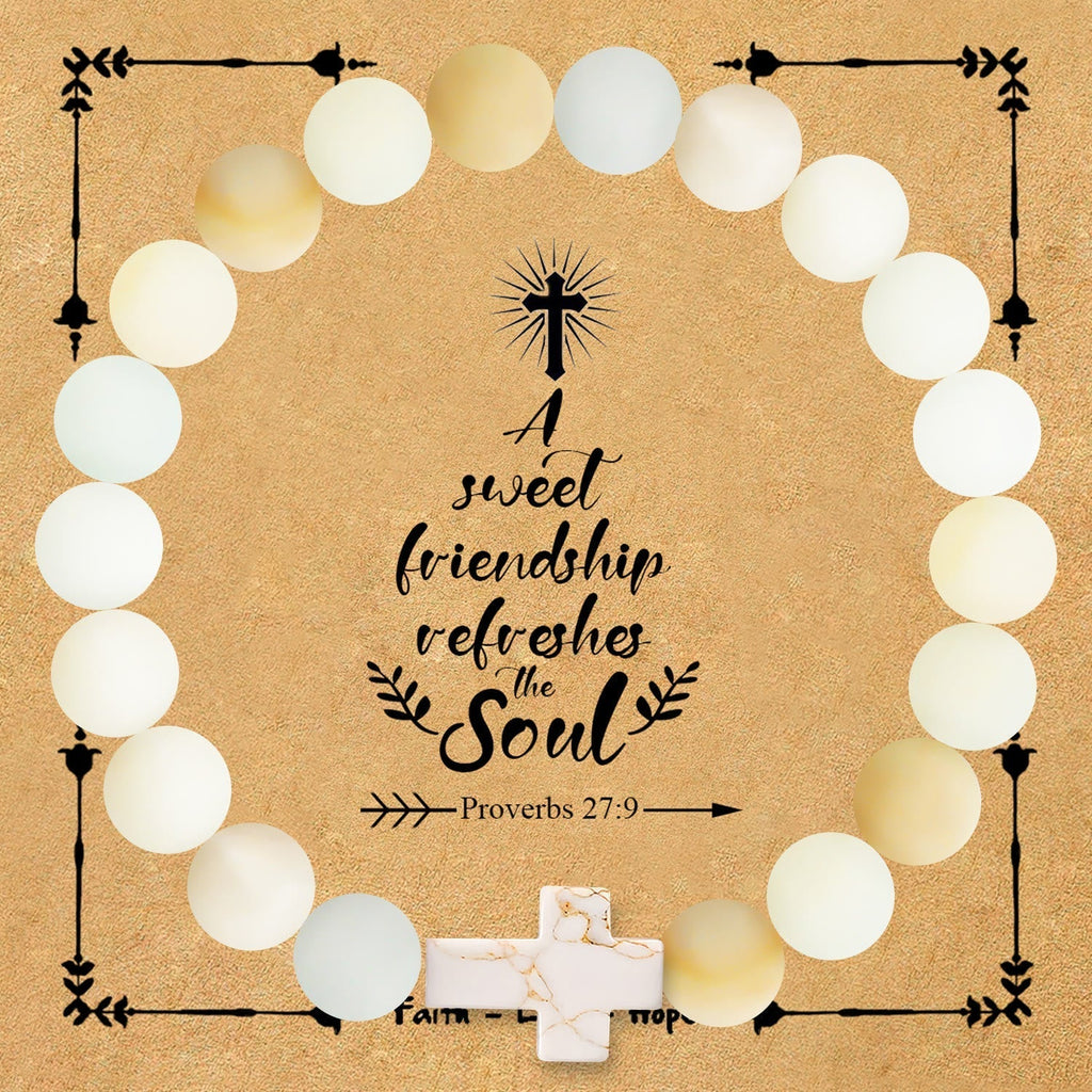 Pulsera de Cruz de Piedra Natural con Tarjeta Proverbios 27:9: Amistad y Gracia Divinas