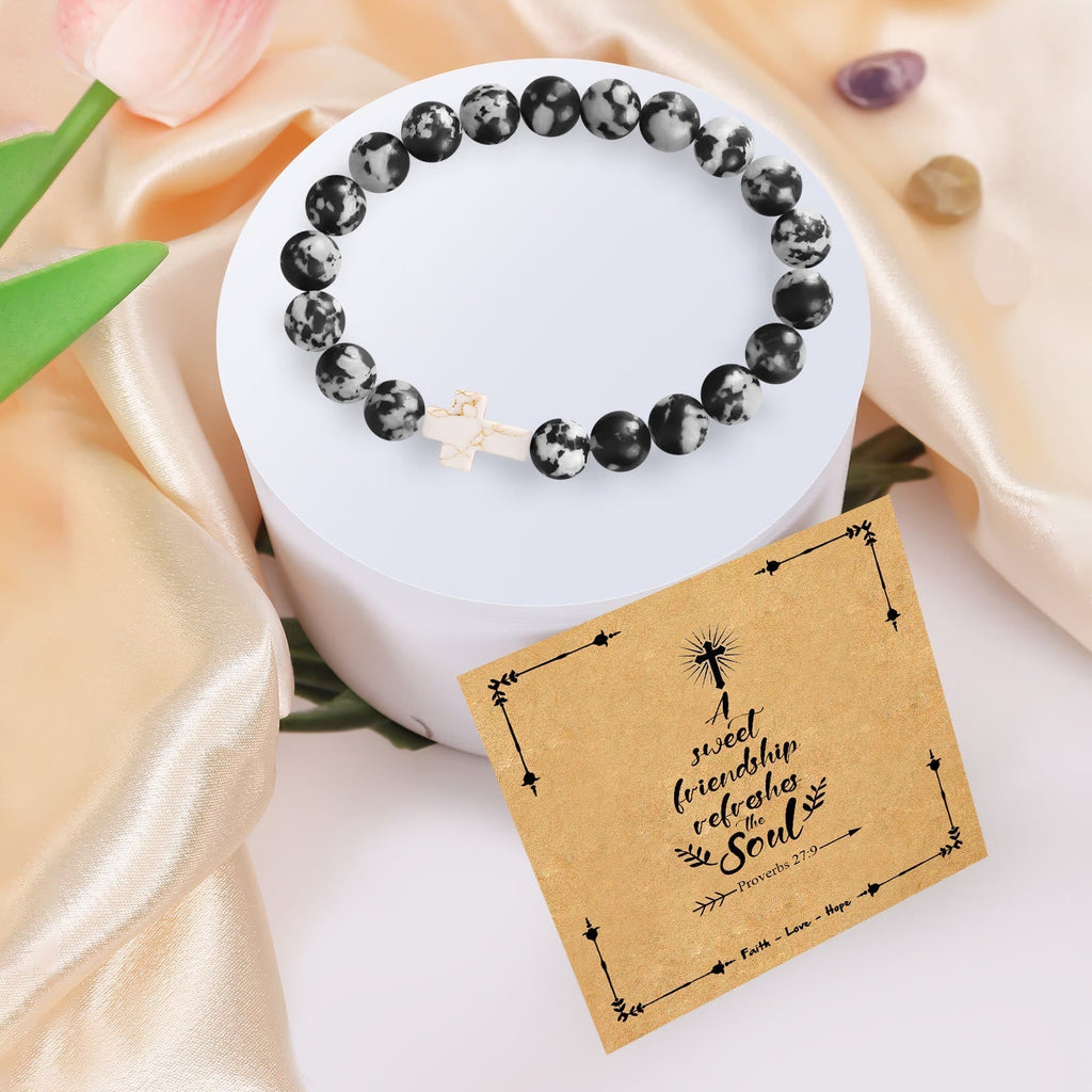 Pulsera de Cruz de Piedra Natural con Tarjeta Proverbios 27:9: Amistad y Gracia Divinas