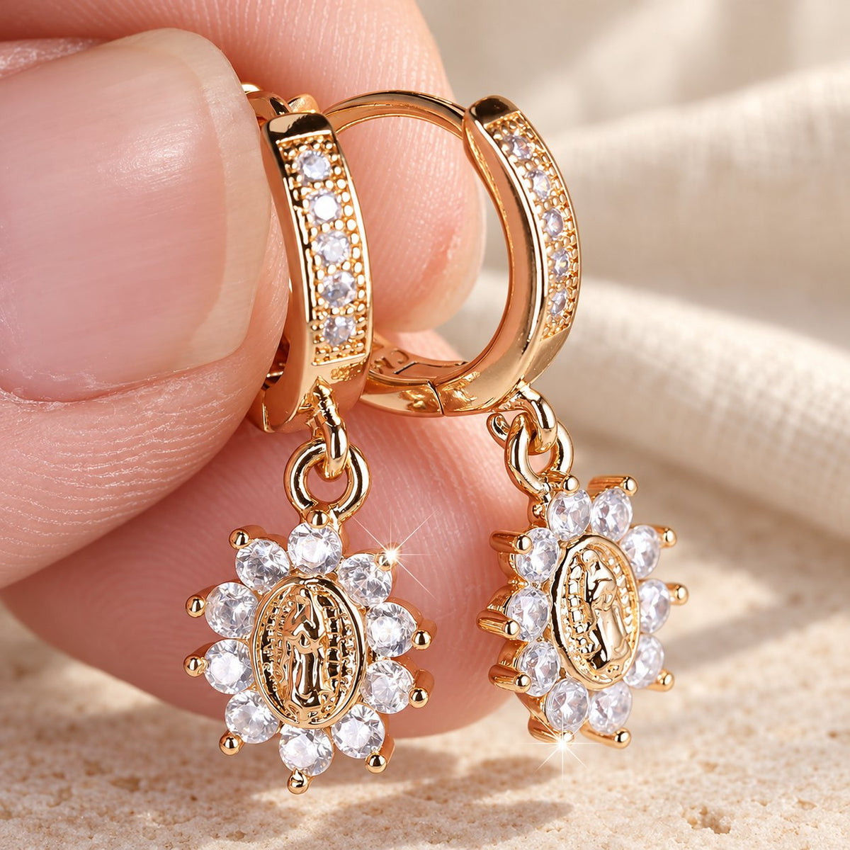 Our Lady Zircon Halo Huggie Earrings with Sunburst Medallion