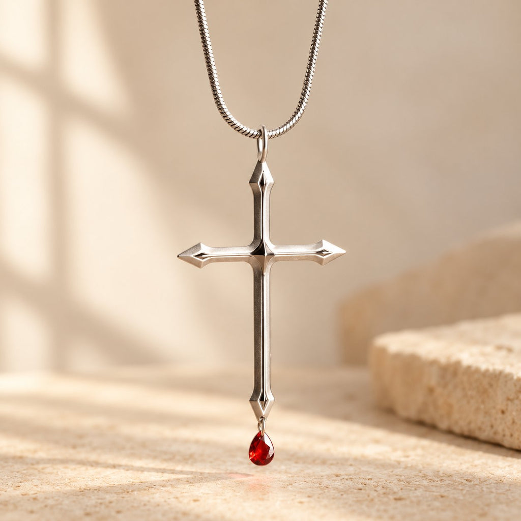 Sword Cross Necklace with Red Zircon Drop