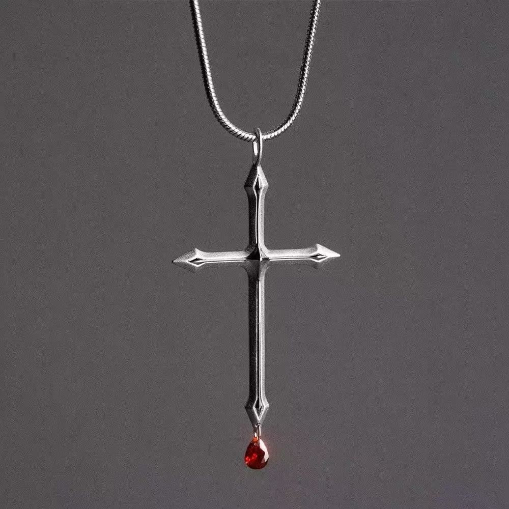 Collar de Cruz Espada con Gota de Circonia Roja: Recuerdo Sagrado para Creyentes