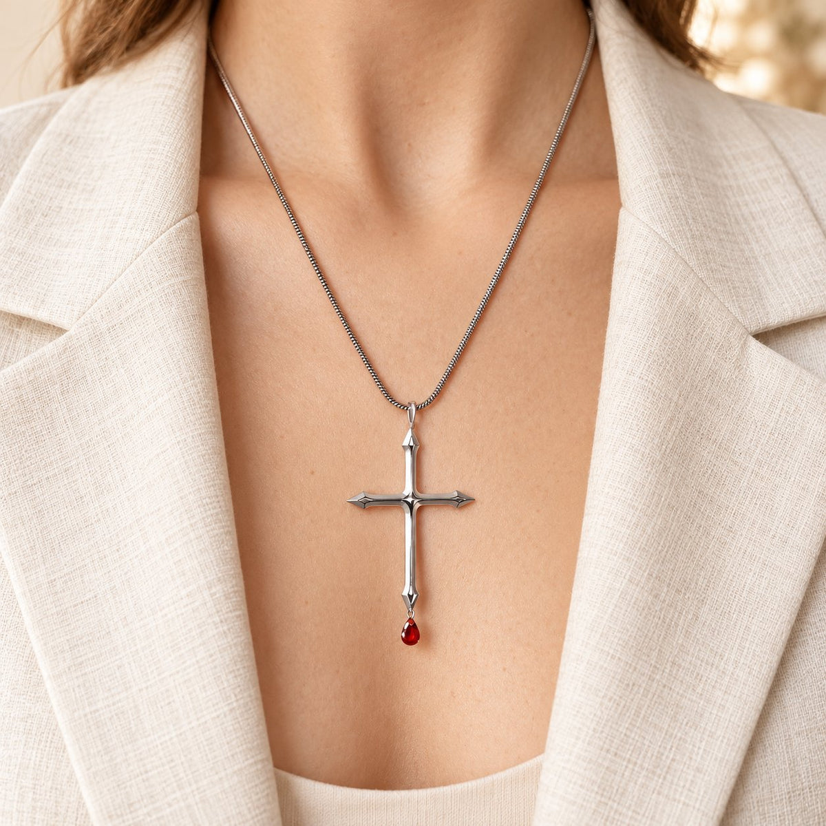 Sword Cross Necklace with Red Zircon Drop