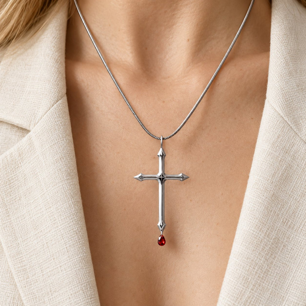 Sword Cross Necklace with Red Zircon Drop