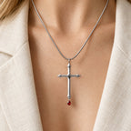 Sword Cross Necklace with Red Zircon Drop