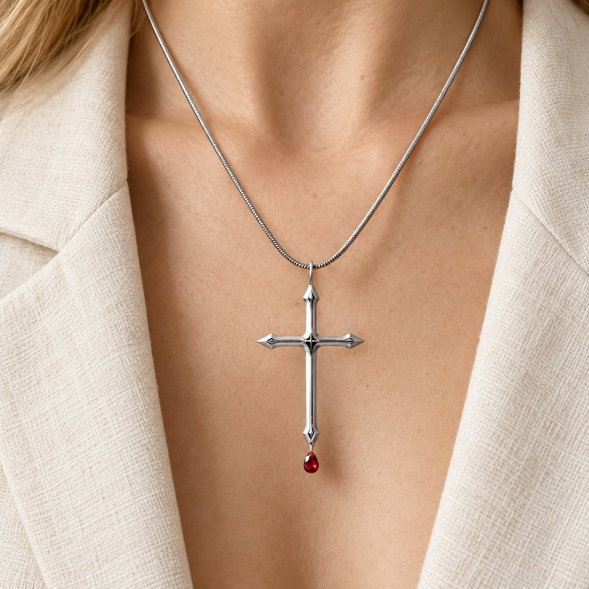 Sword Cross Necklace with Red Zircon Drop