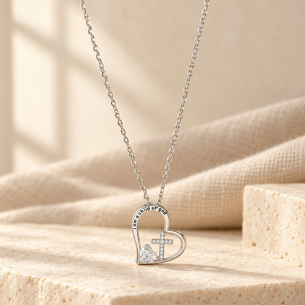 I Am a Child of God Heart Cross Necklace with Zircon Accents
