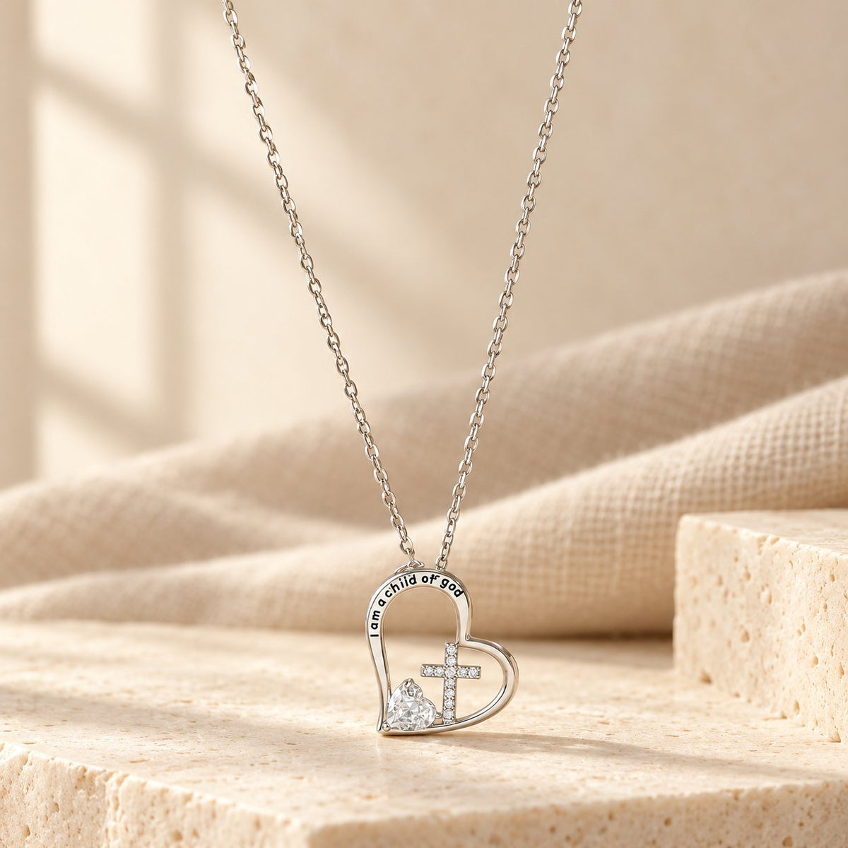 I Am a Child of God Heart Cross Necklace with Zircon Accents