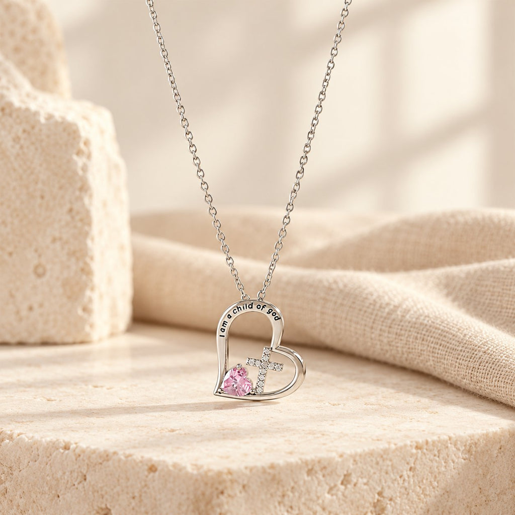 I Am a Child of God Heart Cross Necklace with Zircon Accents