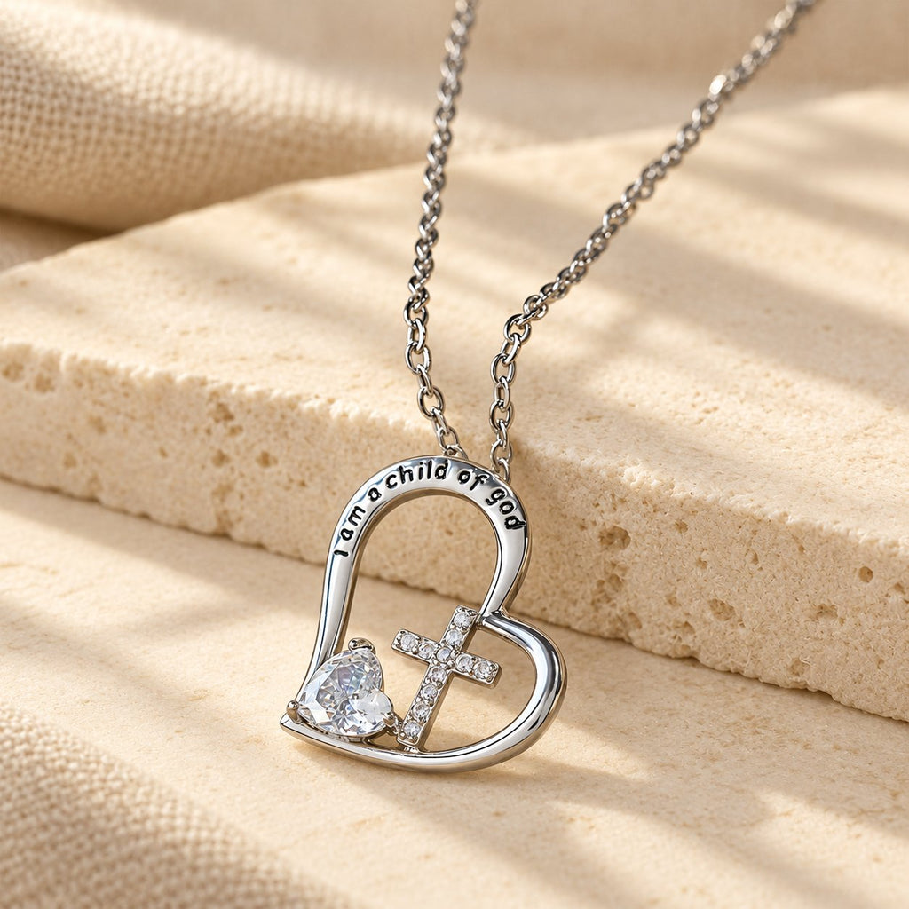 I Am a Child of God Heart Cross Necklace with Zircon Accents