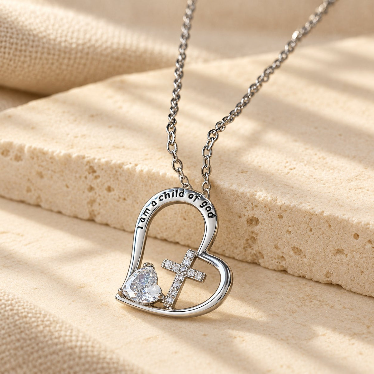 I Am a Child of God Heart Cross Necklace with Zircon Accents