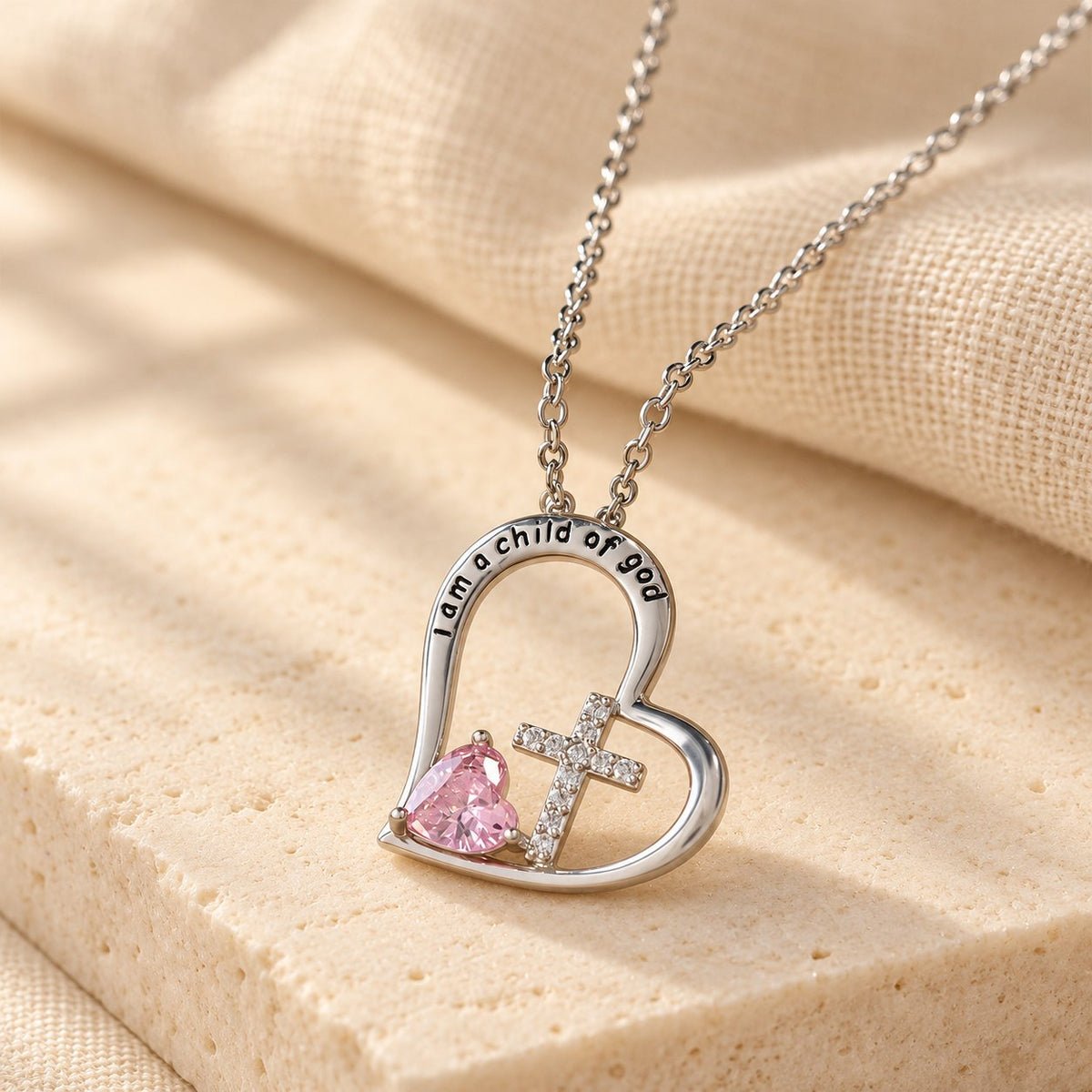I Am a Child of God Heart Cross Necklace with Zircon Accents