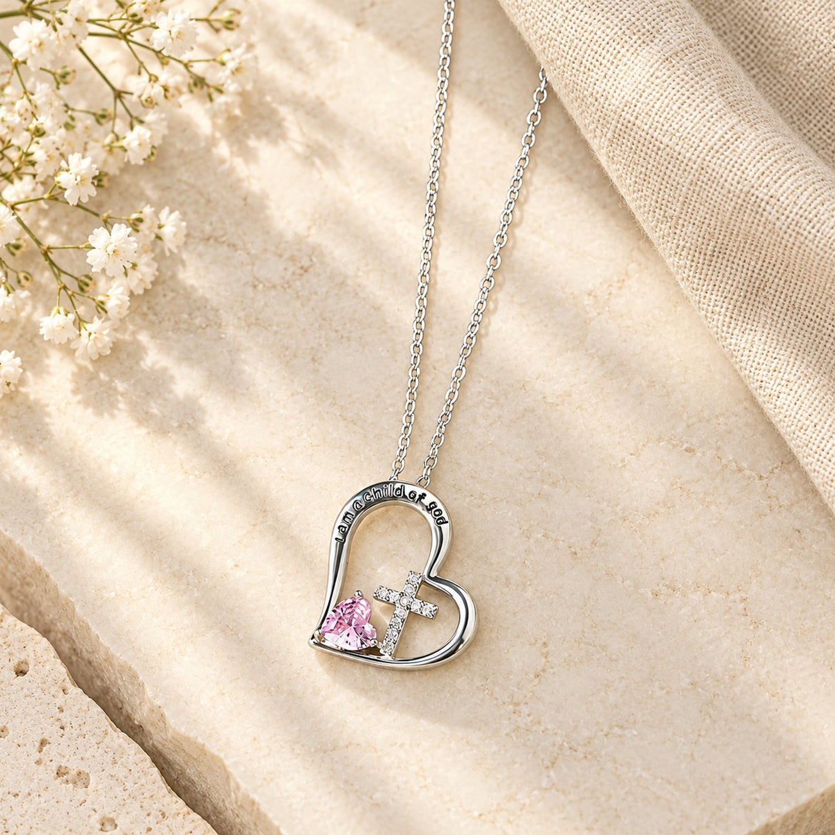I Am a Child of God Heart Cross Necklace with Zircon Accents