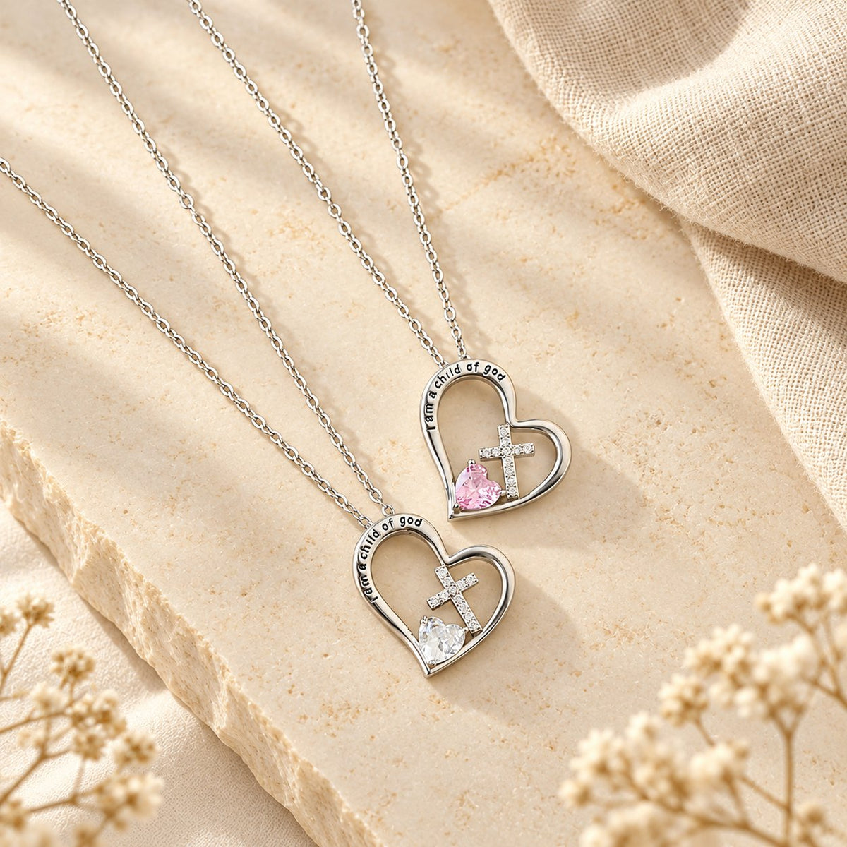I Am a Child of God Heart Cross Necklace with Zircon Accents