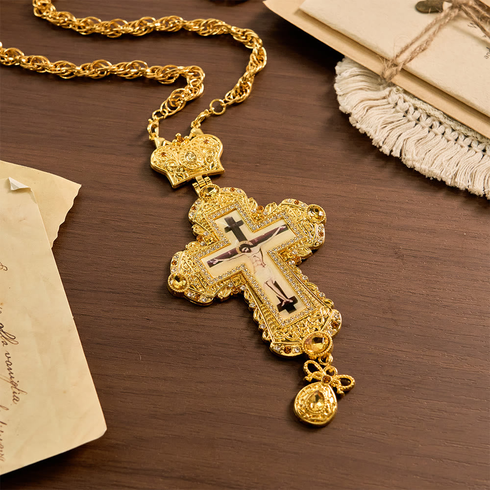 Collar Crucifijo Pectoral Grande y Ornamentado con Corona: Majestad Sagrada y Redención