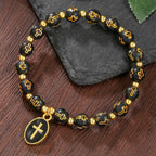 Pulsera de Cuentas de Acrílico Bicolor con Dije de Cruz Esmaltada: Fe Sagrada Diaria