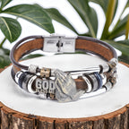 Pulsera de Cuero "Dios me Bendiga" con Manos Orando y Detalles de Metal
