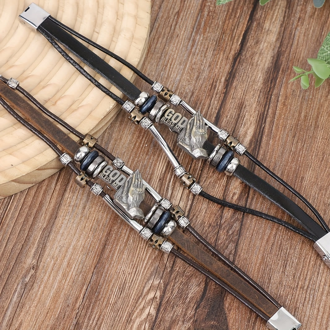 Pulsera de Cuero "Dios me Bendiga" con Manos Orando y Detalles de Metal