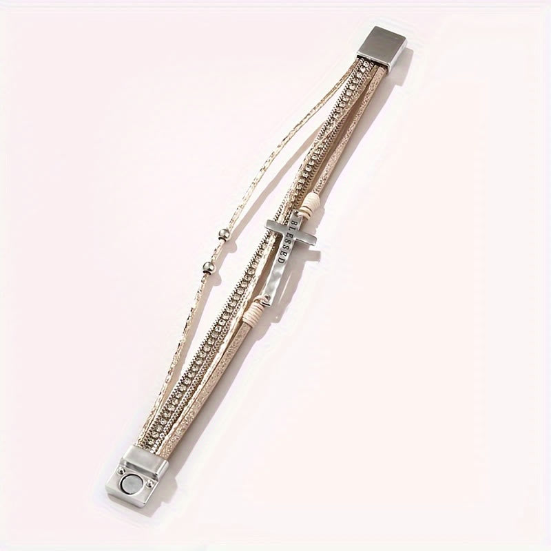 Pulsera de Cuero Multicapa "BENDECIDO" con Cruz y Circonia: Gracia Divina y Gozo Espiritual