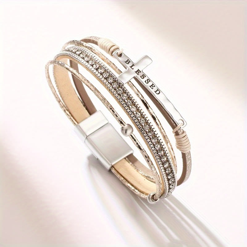 Pulsera de Cuero Multicapa "BENDECIDO" con Cruz y Circonia: Gracia Divina y Gozo Espiritual