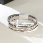 Pulsera de Cuero Multicapa "BENDECIDO" con Cruz y Circonia: Gracia Divina y Gozo Espiritual