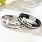 Pulsera de Cuero Multicapa "BENDECIDO" con Cruz y Circonia: Gracia Divina y Gozo Espiritual