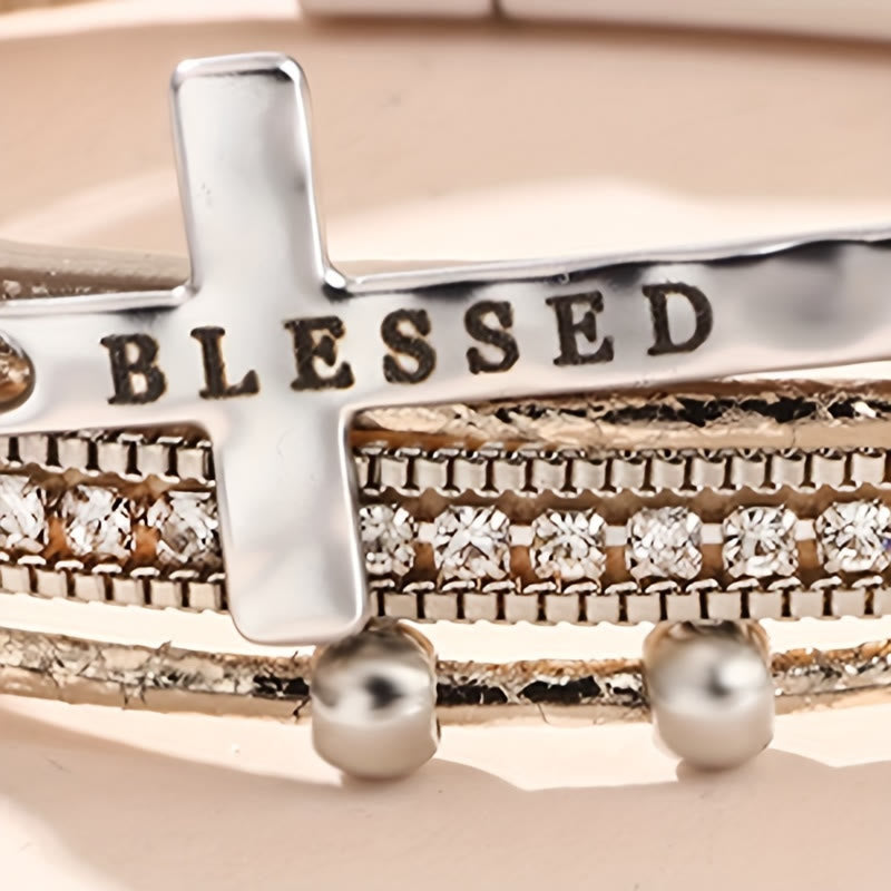 Pulsera de Cuero Multicapa "BENDECIDO" con Cruz y Circonia: Gracia Divina y Gozo Espiritual