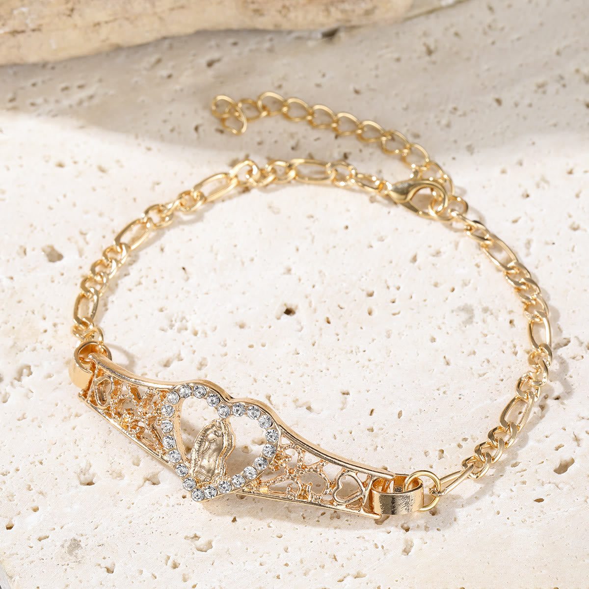 Pulsera de la Virgen en Filigrana Dorada con Halo de Circonia: Devoción Mariana y Gracia Divina