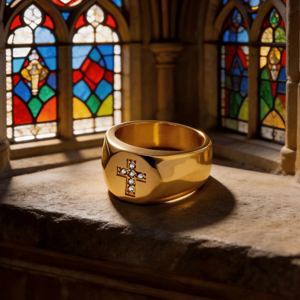 Anillo de Banda Gruesa con Cruz y Circonia en Tres Acabados: Símbolo de Fe Inquebrantable