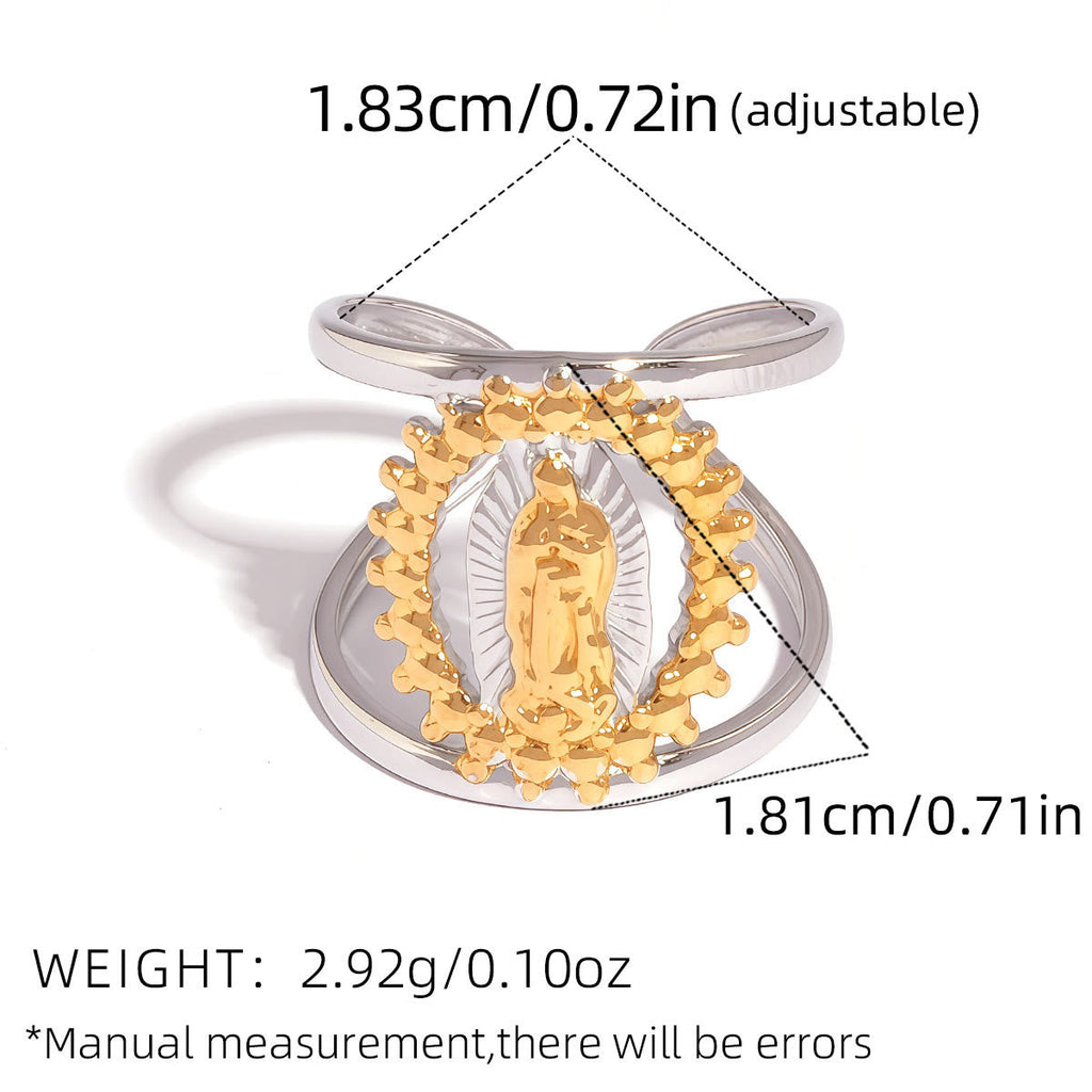 Anillo de Banda con Marco Calado de la Virgen Tricolor: Símbolo de Luz Divina y Devoción