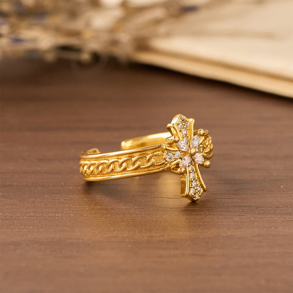 Set de Anillos Flor de Lis de Esmalte con Cruz de Circonia: Emblema de Pureza y Redención Divinas