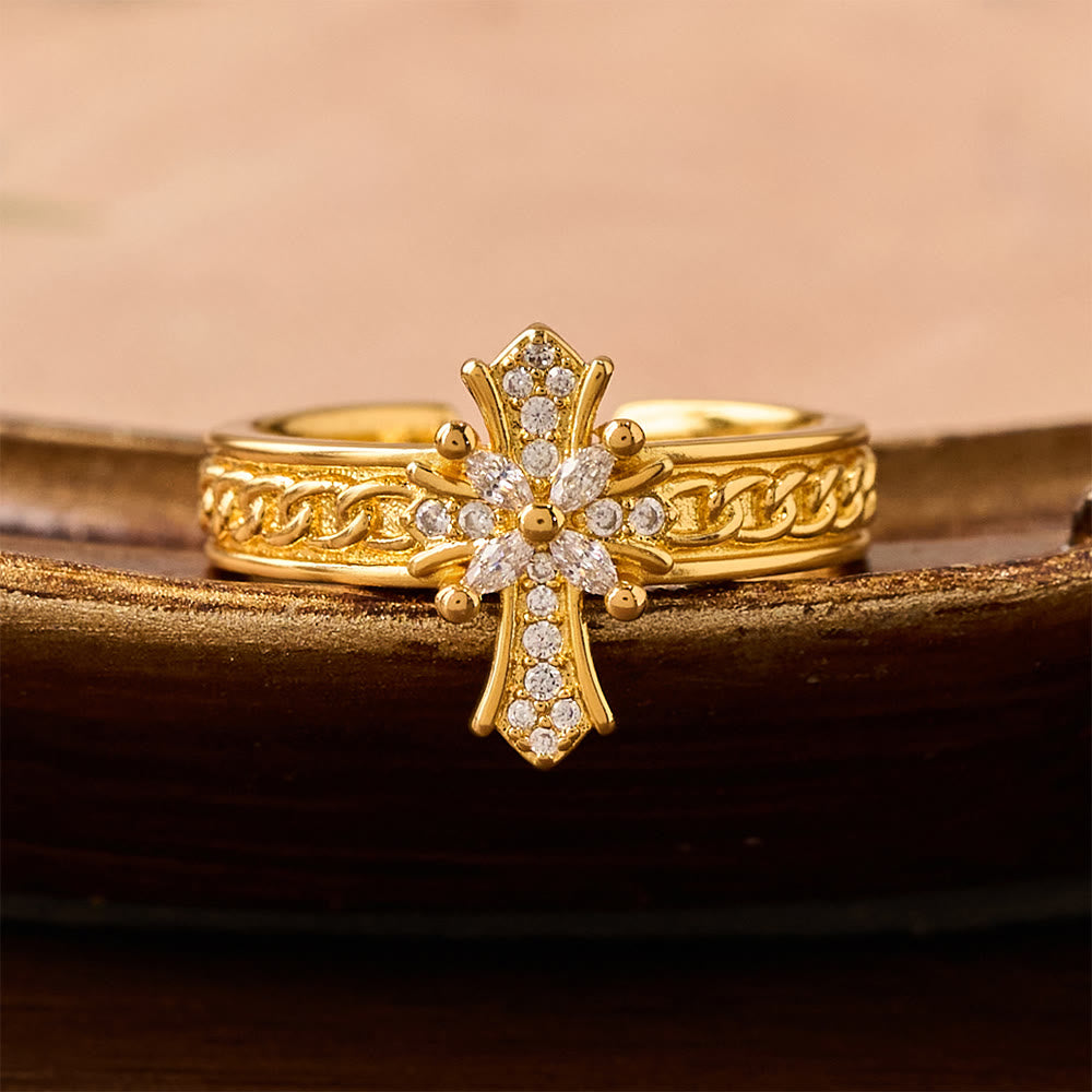 Set de Anillos Flor de Lis de Esmalte con Cruz de Circonia: Emblema de Pureza y Redención Divinas