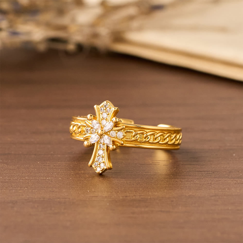 Set de Anillos Flor de Lis de Esmalte con Cruz de Circonia: Emblema de Pureza y Redención Divinas
