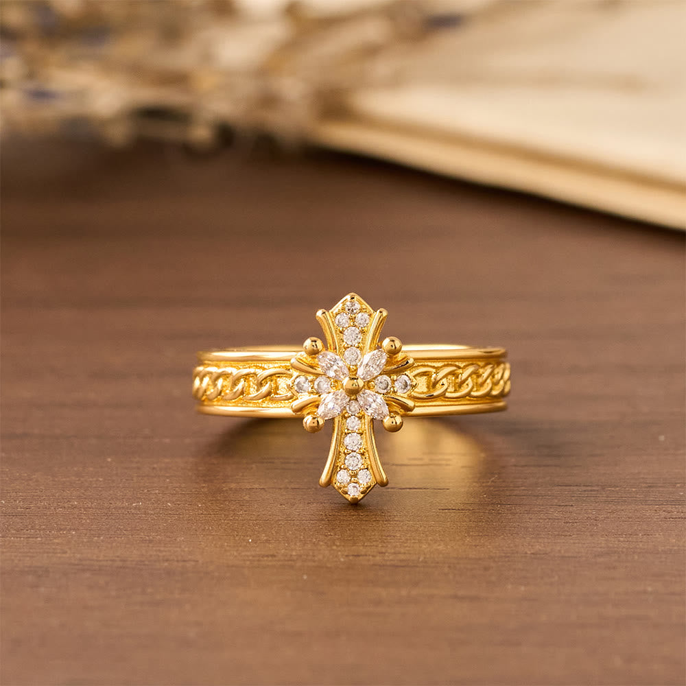Set de Anillos Flor de Lis de Esmalte con Cruz de Circonia: Emblema de Pureza y Redención Divinas