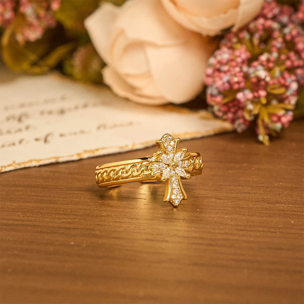 Set de Anillos Flor de Lis de Esmalte con Cruz de Circonia: Emblema de Pureza y Redención Divinas