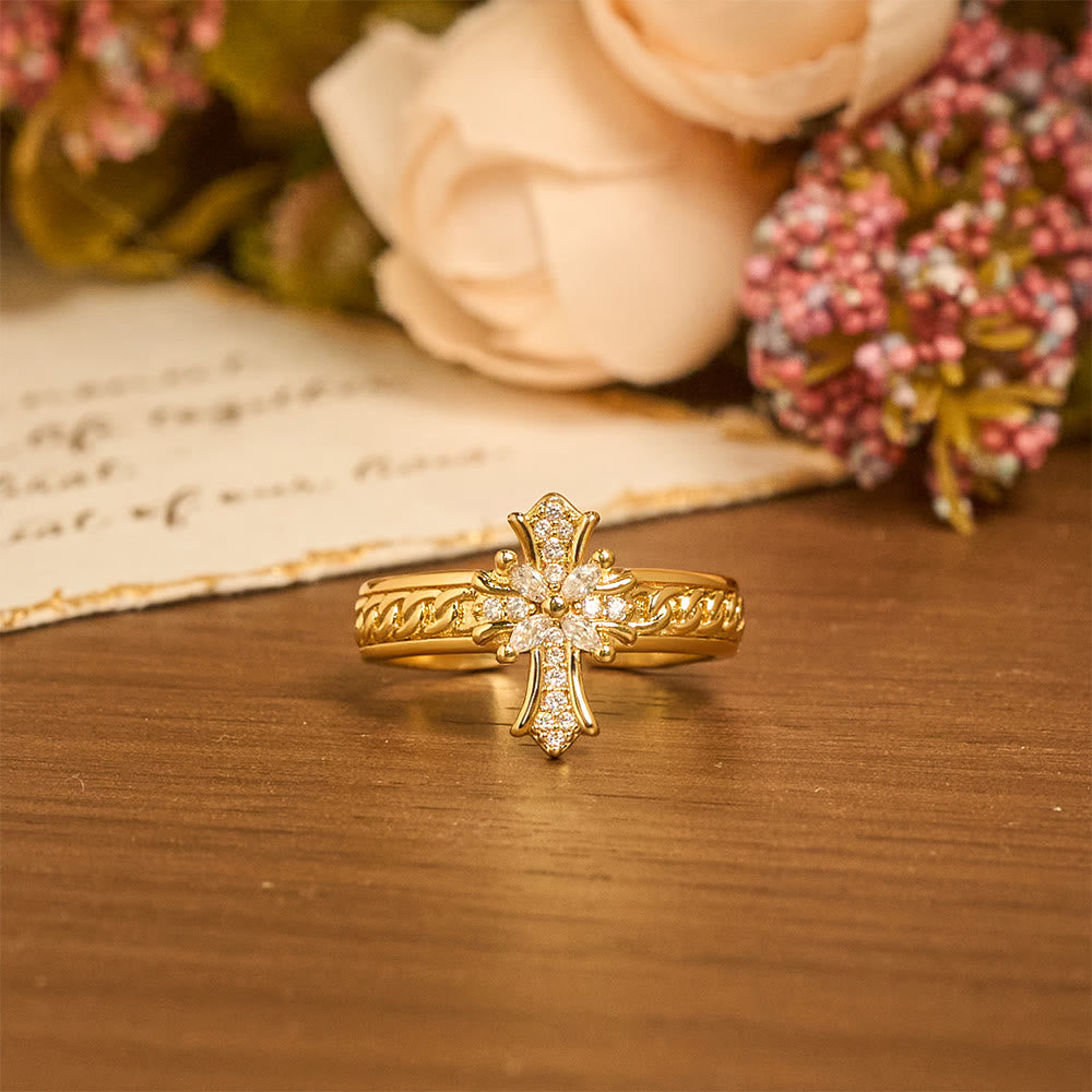 Set de Anillos Flor de Lis de Esmalte con Cruz de Circonia: Emblema de Pureza y Redención Divinas