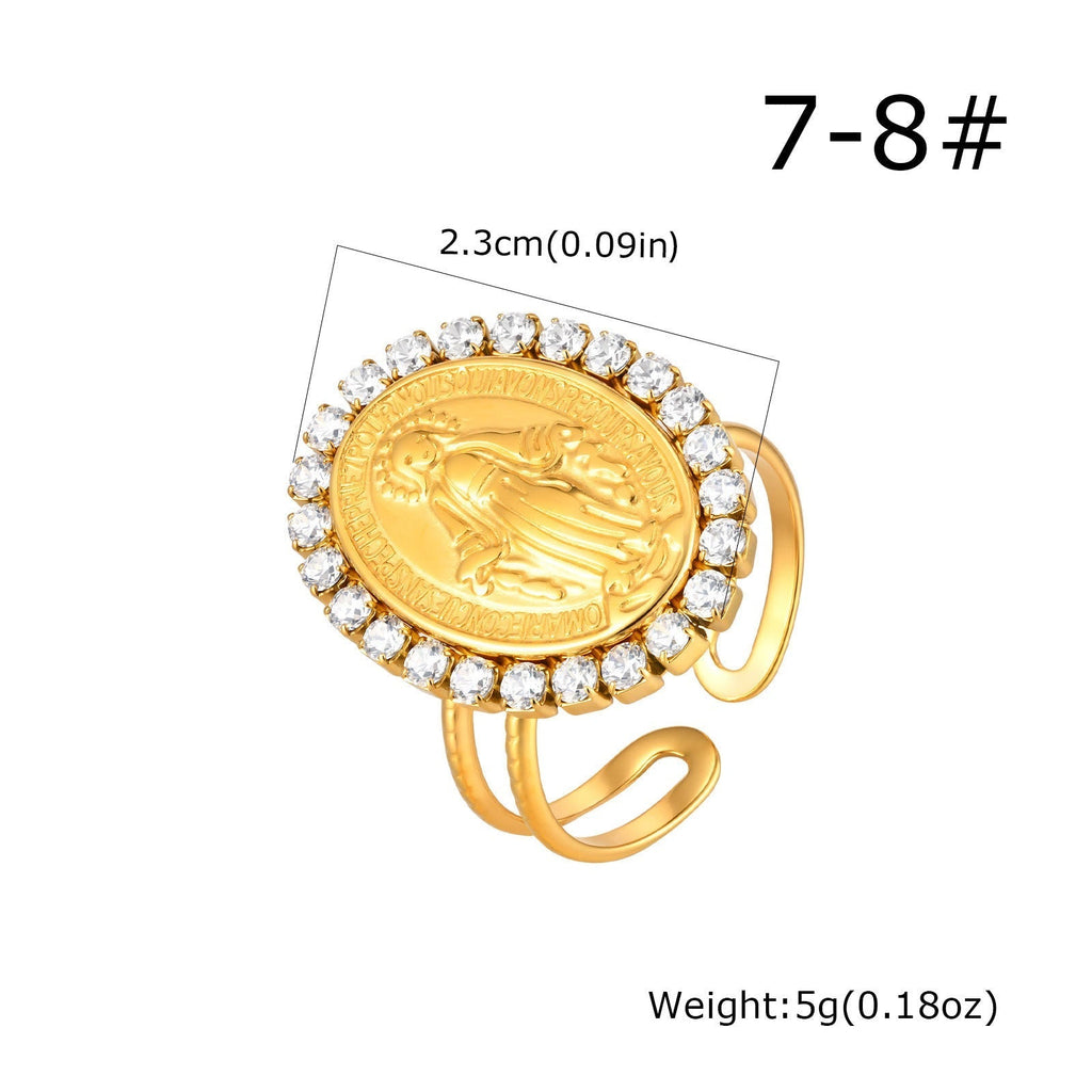 Anillo de Fe Ajustable y Abierto con Medalla Milagrosa y Halo de Circonita