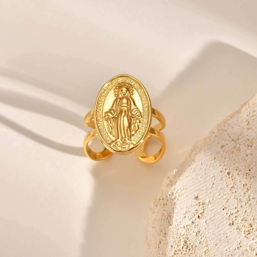 Anillo de Fe Ajustable y Abierto con Medalla Milagrosa y Halo de Circonita